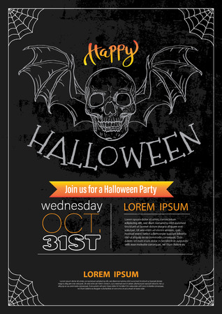 Happy Halloween vector lettering. Holiday calligraphy with ghost face, spider and web for banner, poster, greeting card, party invitation. Isolated illustration.のイラスト素材