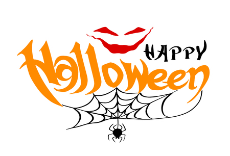Happy Halloween vector lettering. Holiday calligraphy with ghost face, spider and web for banner, poster, greeting card, party invitation. Isolated illustration.のイラスト素材