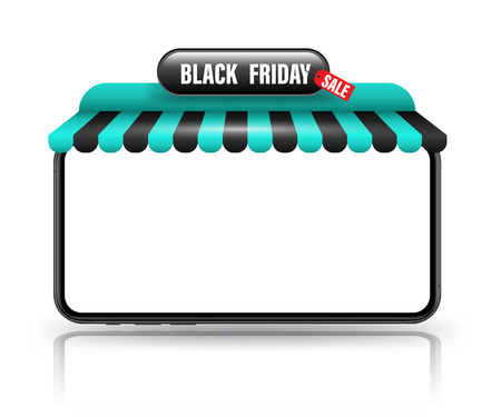 Shop awning with smartphone mockup concept for online marketing and shopping  online. のイラスト素材