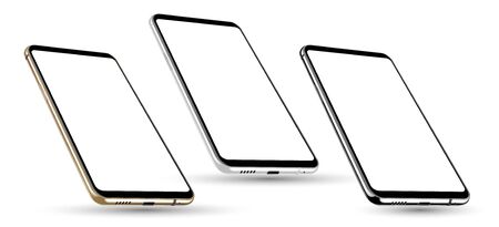 New realistic mobile phone smartphone collection mockups with blank screen isolated on white background. Vector illustration for printing and web element, game and application mockup.のイラスト素材