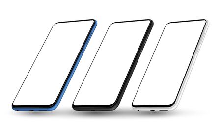 New realistic mobile phone smartphone collection mockups with blank screen isolated on white background. Vector illustration for printing and web element, game and application mockup.のイラスト素材