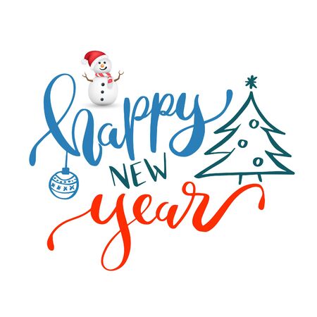 Merry Christmas and Happy New Year text for invitation and greeting card, prints and posters. Hand drawn calligraphic designのイラスト素材