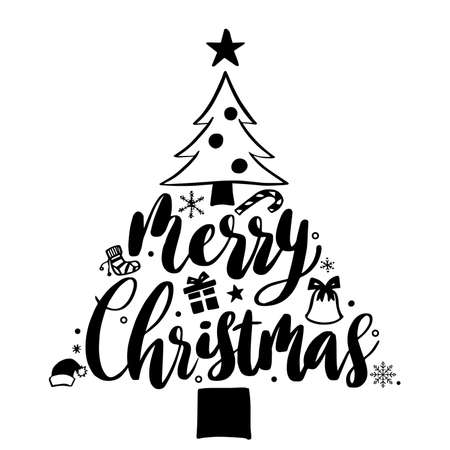 Merry Christmas lettering and Christmas tree. Vector illustration for Christmas greeting card poster element for advertising.のイラスト素材