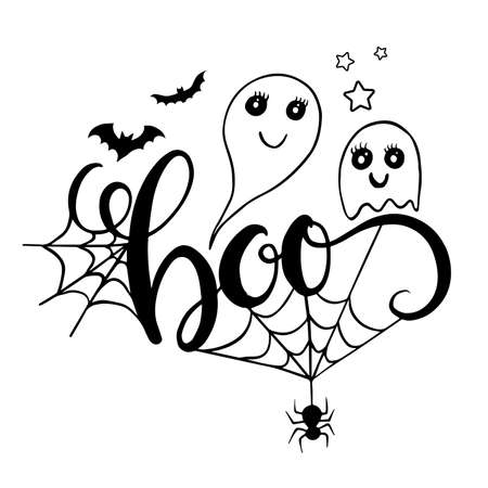 Boo lettering with ghost bats and spider. Vector illustration for halloween.のイラスト素材