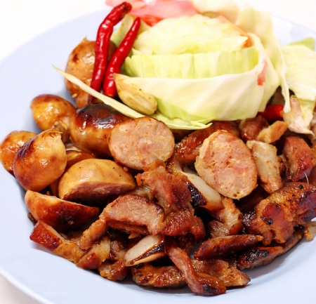 Pork sausage and fried porkの写真素材