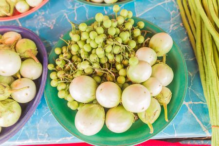 Fresh green eggplant selling at local Thai market,Northeast of Thailandの写真素材