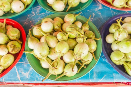 Fresh green eggplant selling at local Thai market,Northeast of Thailandの写真素材