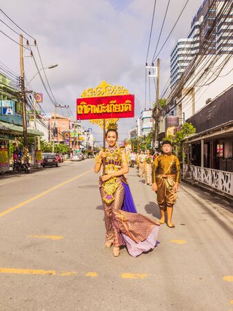 Phuket, Thailand - Aug 26, 2016 : Unidentified beautiful girl as leader of parade of various schools in Phuket province on opening ceremony of yearly provincial sport.のeditorial素材