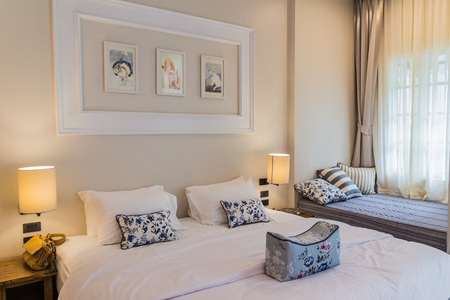 Phuket, Thailand - April 19, 2017: The bedroom of the Little Nyonya Hotel, the beautiful Sino-Portuguese style hotel. It is the unique destination for many tourists.のeditorial素材