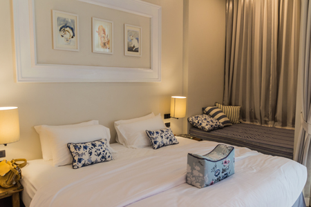 Phuket, Thailand - April 19, 2017: The bedroom of the Little Nyonya Hotel, the beautiful Sino-Portuguese style hotel. It is the unique destination for many tourists.のeditorial素材
