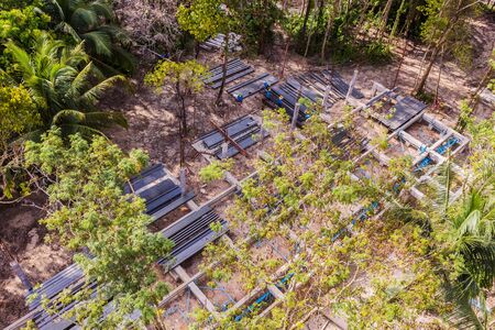 Top view of a hotel construction site among existing trees where clients will keep for nature reservation conceptの写真素材