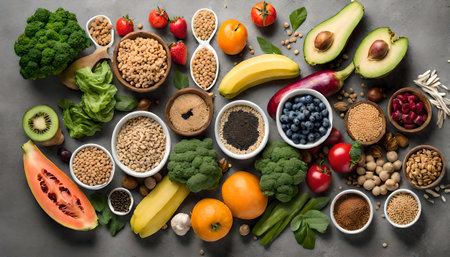 Healthy Food Clean Eating Selection: Fruits, Vegetables, Seeds, Superfoods, Cereal, Leafy Vegetables on a Gray Concrete Background.の写真素材