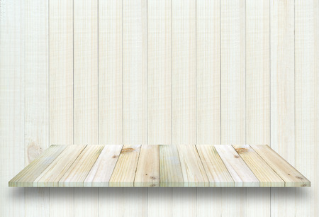 Empty top view of wooden table  on wood background, For display of your product.の写真素材