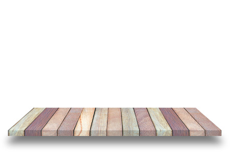Empty wooden table or shelf wall isolated on white background, For present your products.の写真素材