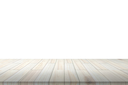 Empty wooden table or shelf wall isolated on white background, For present your products.の写真素材