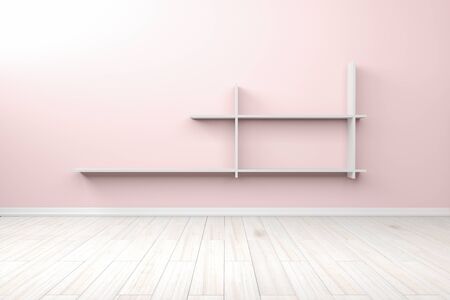 Empty interior light blue room white white shelf and wooden floor, For display of your products.  - 3D render imageの写真素材