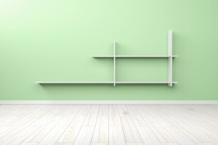 Empty interior light blue room white white shelf and wooden floor, For display of your products.  - 3D render imageの写真素材