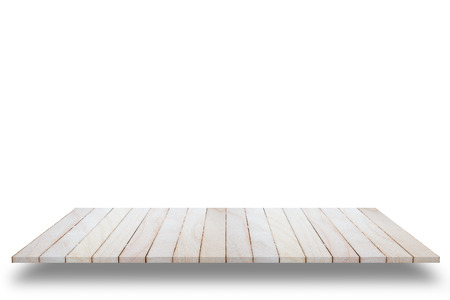 Empty top view of wooden table or counter (shelf) isolated on white background. For display of your products.の写真素材