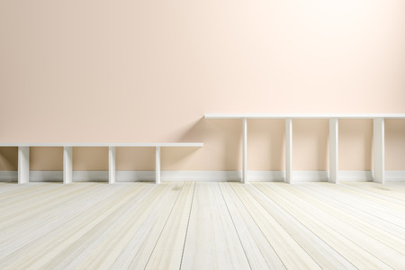 Empty interior light cream room with white shelf and wooden floor, For display of your products.  - 3D render imageの写真素材