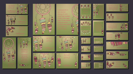 Vector set of abstract ethnic flyers with arrows, dreamcatcher, feather frames. Boho design brochure and business card templates.のイラスト素材