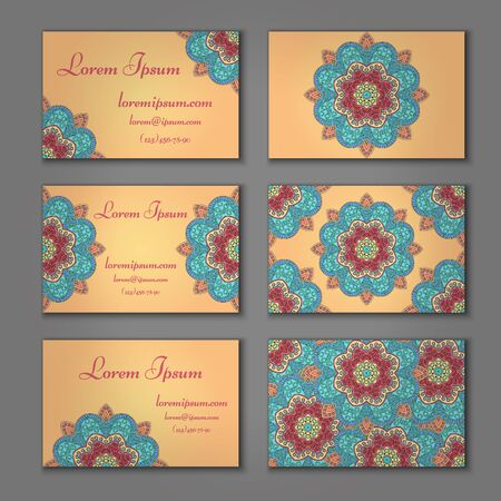 visiting card and business card set with mandala. Abstract oriental design layout. Front page and back page. Islam, Arabic, Indian, ottoman motifs.のイラスト素材