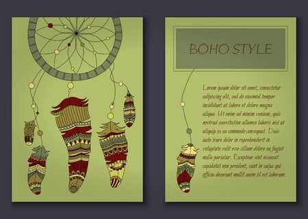 Invitation card set in boho style with tribal feathers, beads and dreamcatcher. Vector set.のイラスト素材