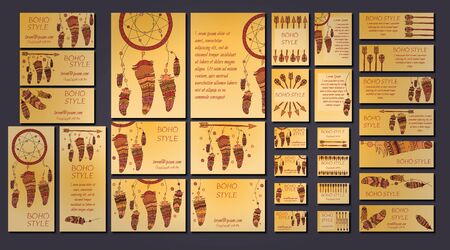 Vector set of abstract ethnic flyers with arrows, dreamcatcher, feather frames. Boho design brochure and business card templates.のイラスト素材