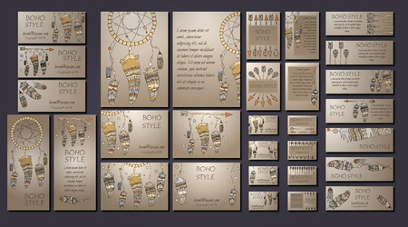 Vector set of abstract ethnic flyers with arrows, dreamcatcher, feather frames. Boho design brochure and business card templates.のイラスト素材