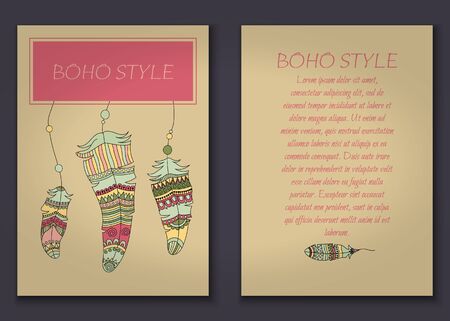 Invitation card set in boho style with tribal feathers, beads and dreamcatcher. Vector set.のイラスト素材