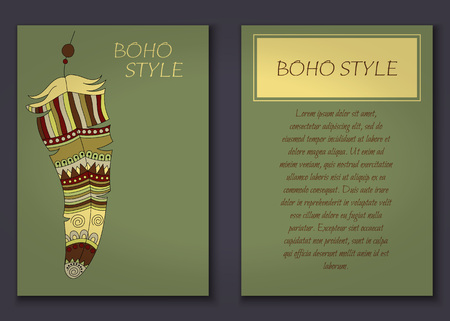 Invitation card set in boho style with tribal feathers, beads and dreamcatcher. Vector set.のイラスト素材