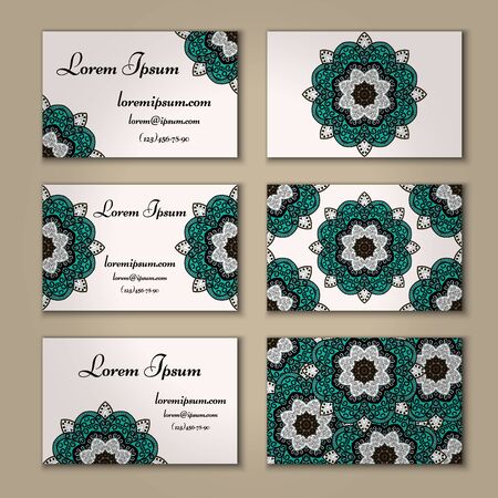 visiting card and business card set with mandala. Abstract oriental design layout. Front page and back page. Islam, Arabic, Indian, ottoman motifs.のイラスト素材