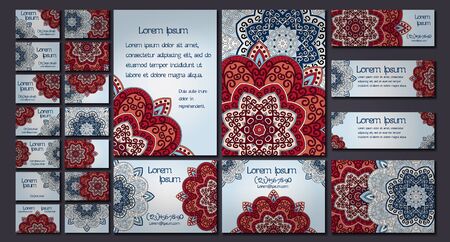 Vector visiting card set template. Floral mandala pattern and ornaments. Oriental design Layout. Islam, Arabic, Indian, ottoman motifs. Front page and back page.のイラスト素材