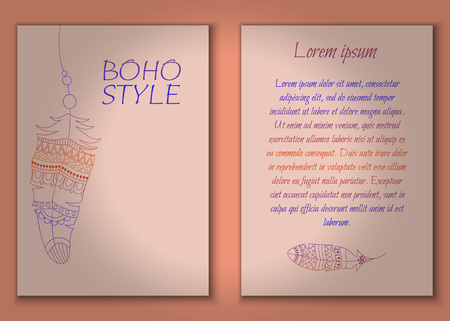 Invitation card set in boho style with tribal feathers, beads and dreamcatcher. Vector set.の写真素材
