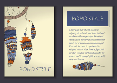 Invitation card set in boho style with tribal feathers, beads and dreamcatcher. Vector set.のイラスト素材
