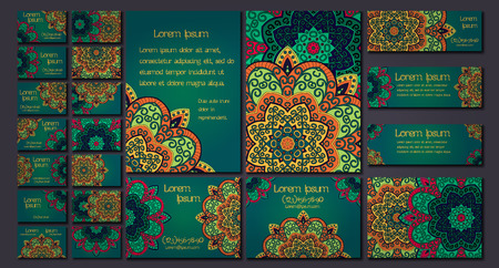 Vector visiting card set template. Floral mandala pattern and ornaments. Oriental design Layout. Islam, Arabic, Indian, ottoman motifs. Front page and back page.のイラスト素材