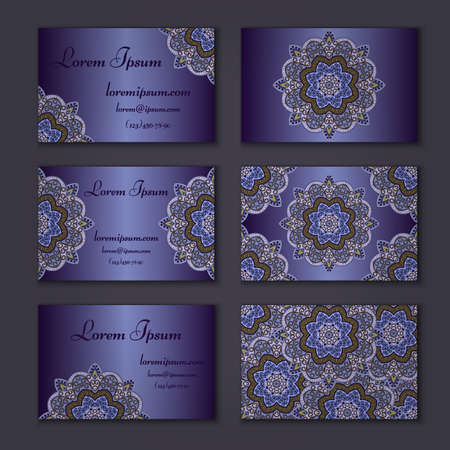 visiting card and business card set with mandala. Abstract oriental design layout. Front page and back page. Islam, Arabic, Indian, ottoman motifs.のイラスト素材