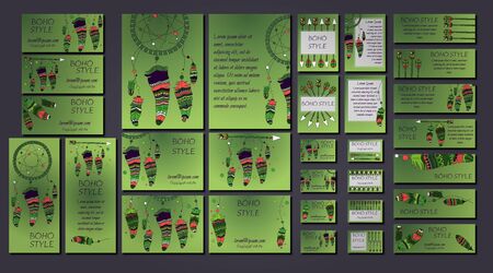 Vector set of abstract ethnic flyers with arrows, dreamcatcher, feather frames. Boho design brochure and business card templates.のイラスト素材