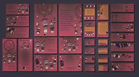 Vector set of abstract ethnic flyers with arrows, dreamcatcher, feather frames. Boho design brochure and business card templates.のイラスト素材