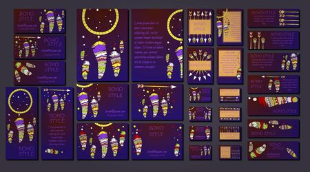 Vector set of abstract ethnic flyers with arrows, dreamcatcher, feather frames. Boho design brochure and business card templates.のイラスト素材