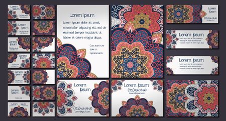 Vector visiting card set template. Floral mandala pattern and ornaments. Oriental design Layout. Islam, Arabic, Indian, ottoman motifs. Front page and back page.のイラスト素材