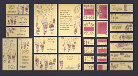 Vector set of abstract ethnic flyers with arrows, dreamcatcher, feather frames. Boho design brochure and business card templates.のイラスト素材