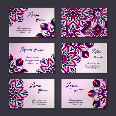 Business card collection, delicate floral mandala pattern. Vintage decorative elements. Hand drawn background.Islam, Arabic, Indian, ottoman motifsのイラスト素材