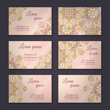 Business card collection, delicate floral mandala pattern. Vintage decorative elements. Hand drawn background.Islam, Arabic, Indian, ottoman motifsの写真素材