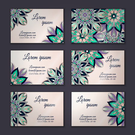 Business card collection, delicate floral mandala pattern. Vintage decorative elements. Hand drawn background.Islam, Arabic, Indian, ottoman motifsのイラスト素材