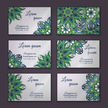 Vector vintage visiting card set. Floral mandala pattern and ornaments. Oriental design Layout. Islam, Arabic, Indian, ottoman motifs. Front page and back page.の写真素材