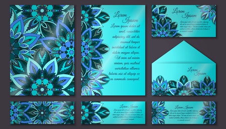 Vector vintage invitation card set. Floral mandala pattern and ornaments. Oriental design Layout. Islam, Arabic, Indian, ottoman motifs. Front page and back page.のイラスト素材