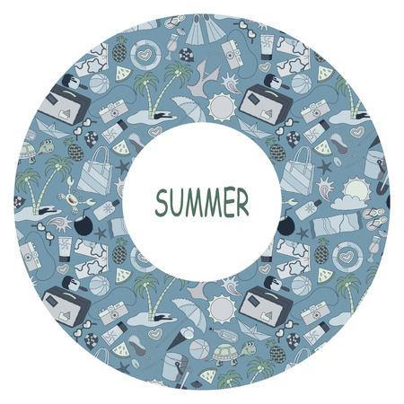 Summertime circle traveling template with beach, holidays and vacation summer accessories, vector illustration.のイラスト素材