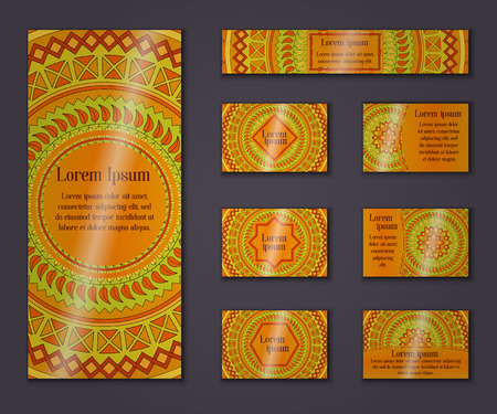 Vector vintage business and invitation card set. Floral mandala pattern and ornaments. Oriental design Layout. Islam, Arabic, Indian, ottoman motifs. Front page and back page.のイラスト素材