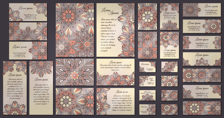 Business and invitation template Cards set with mandala ornament. Vintage decorative elements. Hand drawn background. Islam, Arabic, Indian, ottoman motifs.のイラスト素材