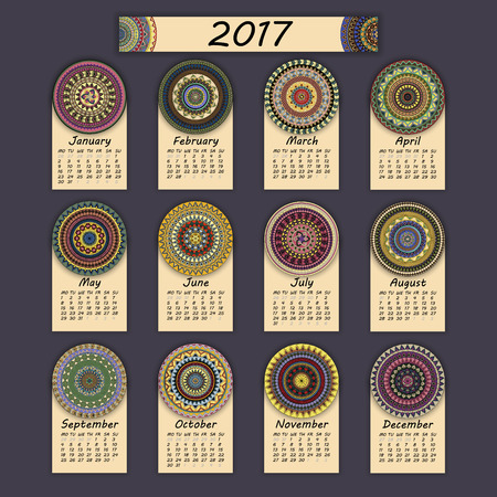 Calendar 2017. Vintage decorative colorful elements.のイラスト素材